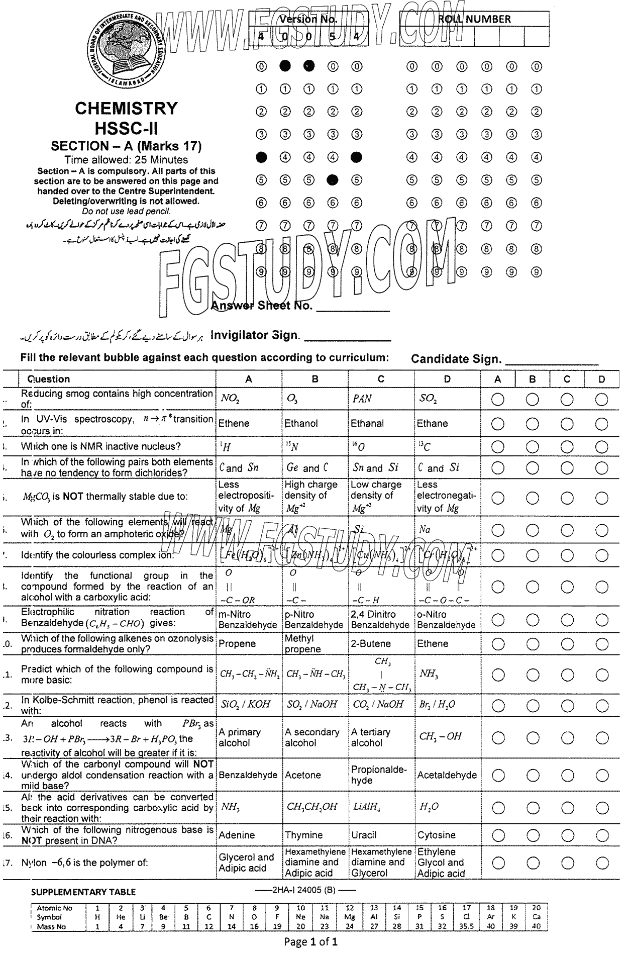 12th Class Chemistry Past Paper 2024 Federal Board Islamabad Group 1 Objective