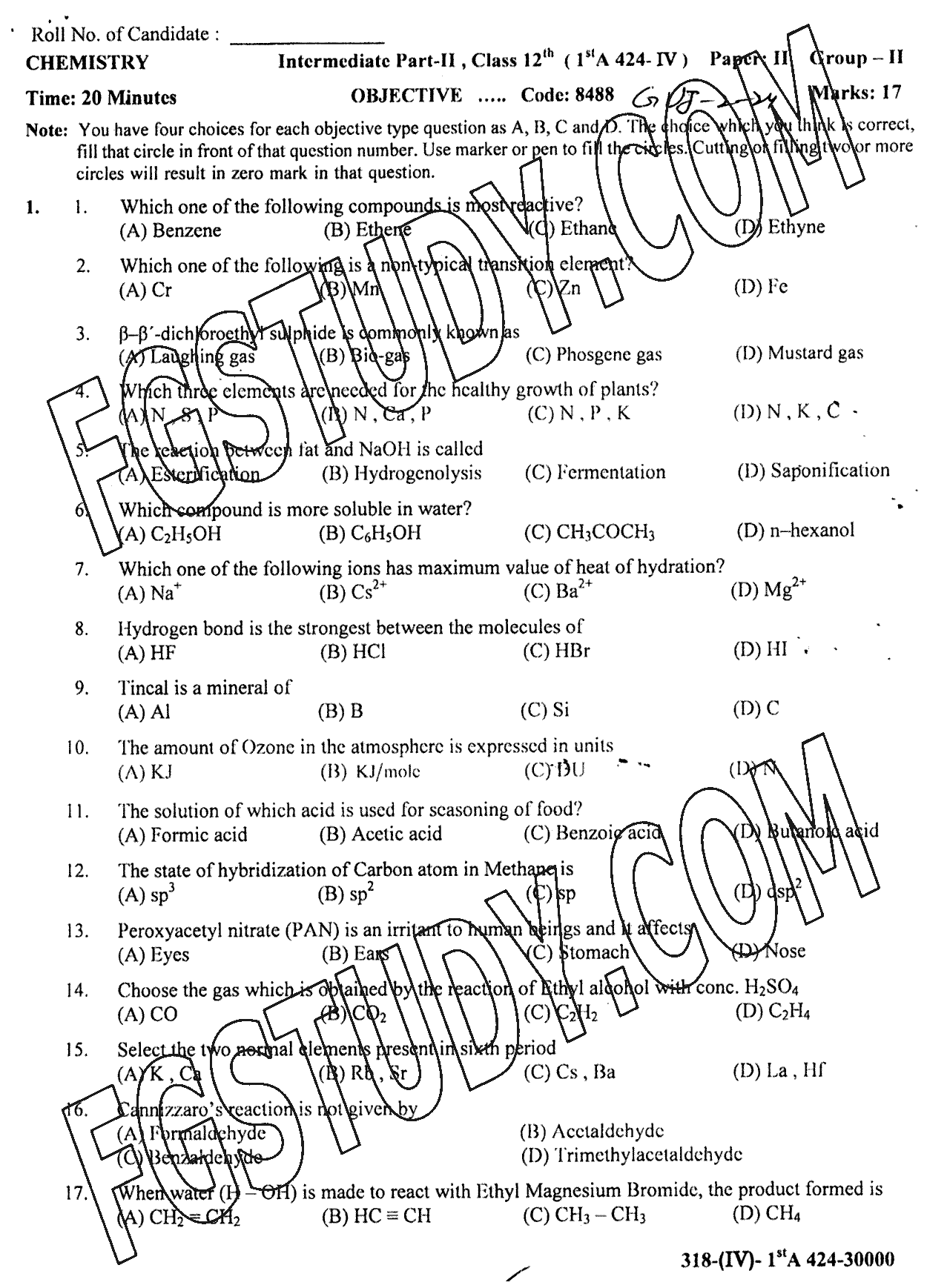 12th Class Chemistry Past Paper 2024 Gujranwala Board Group 2 Objective