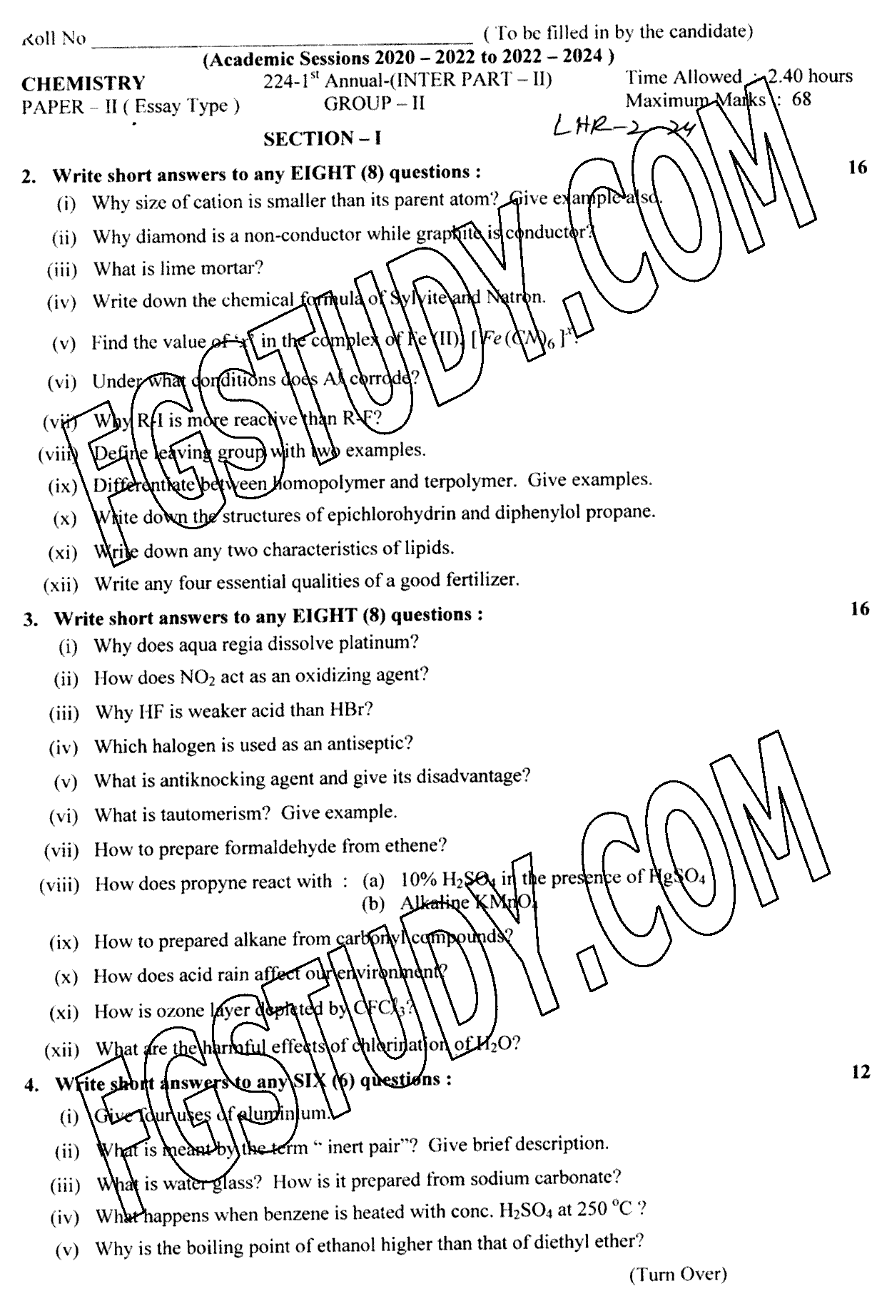 12th Class Chemistry Past Paper 2024 Lahore Board Group 2 Subjective