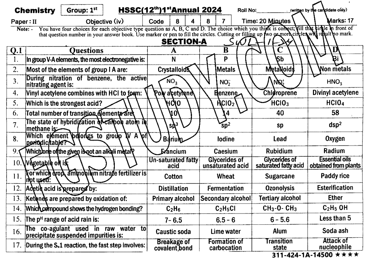 12th Class Chemistry Past Paper 2024 Sahiwal Board Group 1 Objective