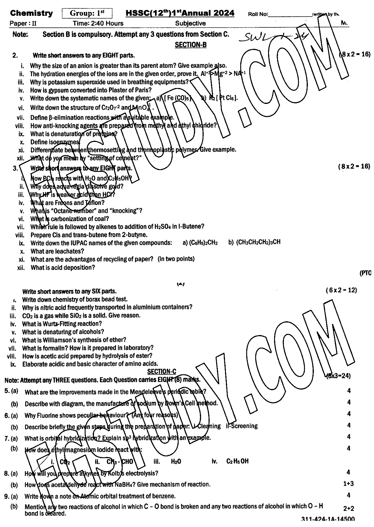12th Class Chemistry Past Paper 2024 Sahiwal Board Group 1 Subjective