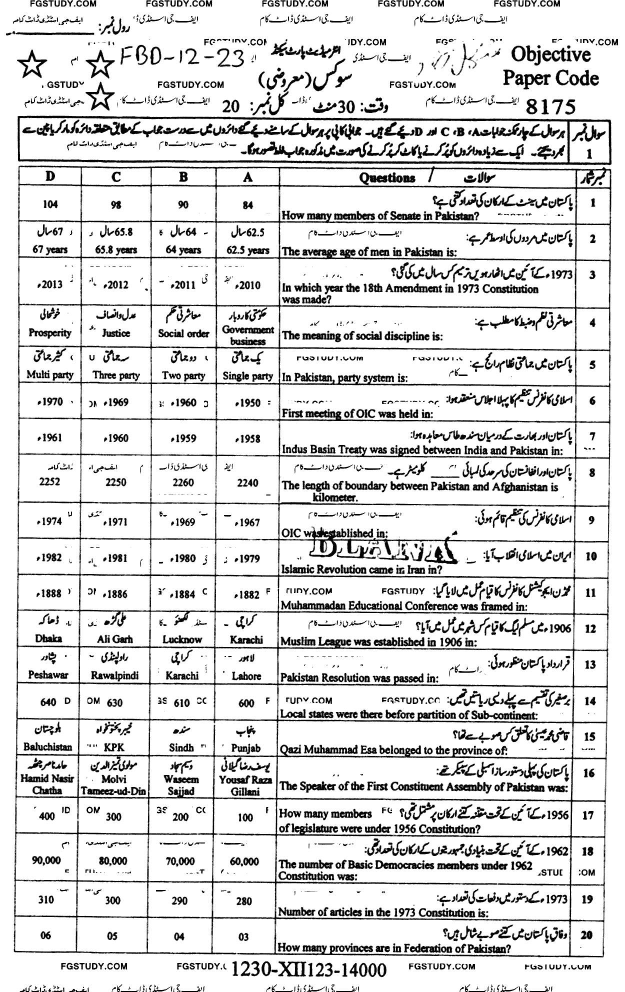 12th Class Civics Past Paper 2023 Faisalabad Board Objective