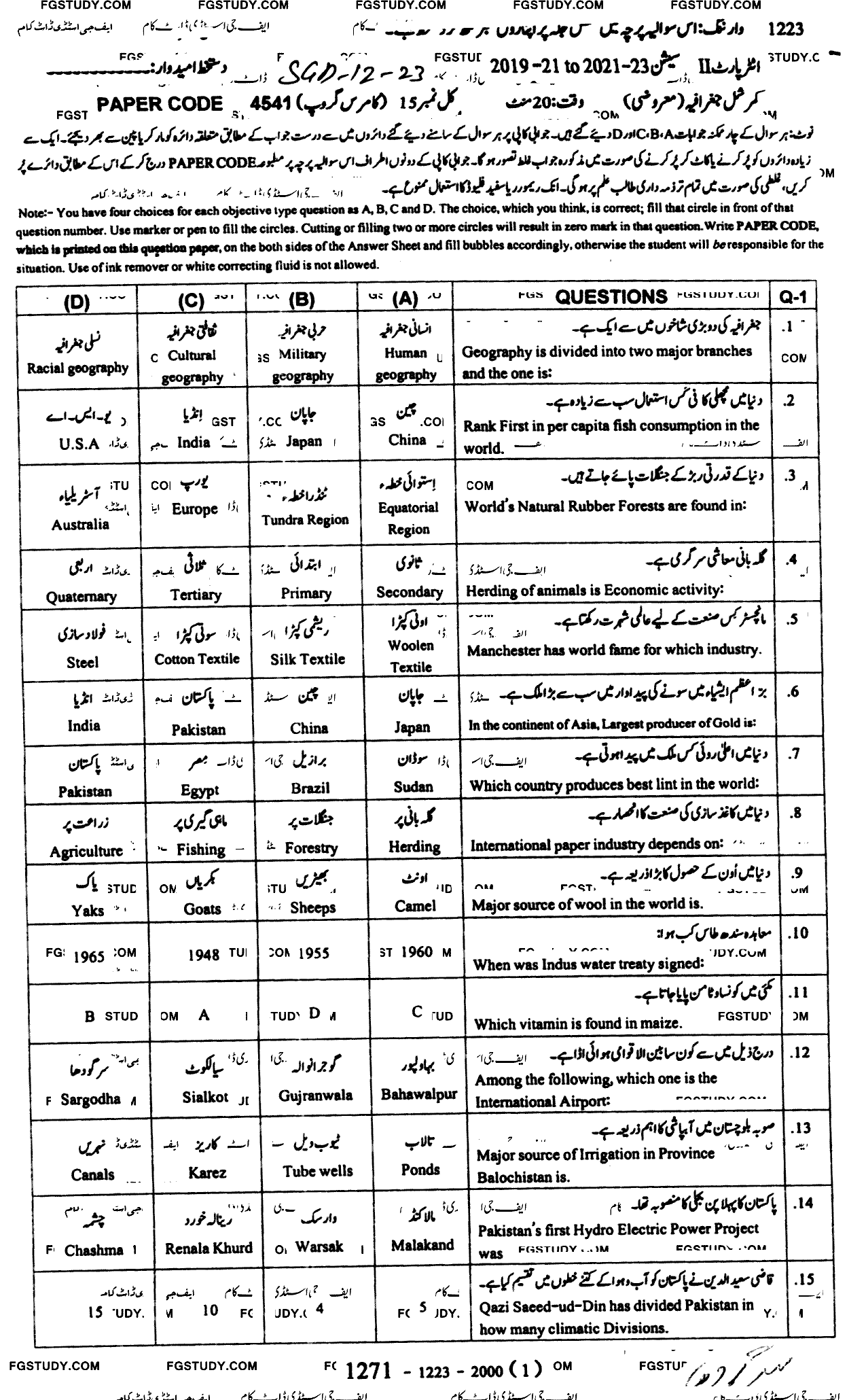 12th Class Commercial Geography Past Paper 2023 Sargodha Board Objective