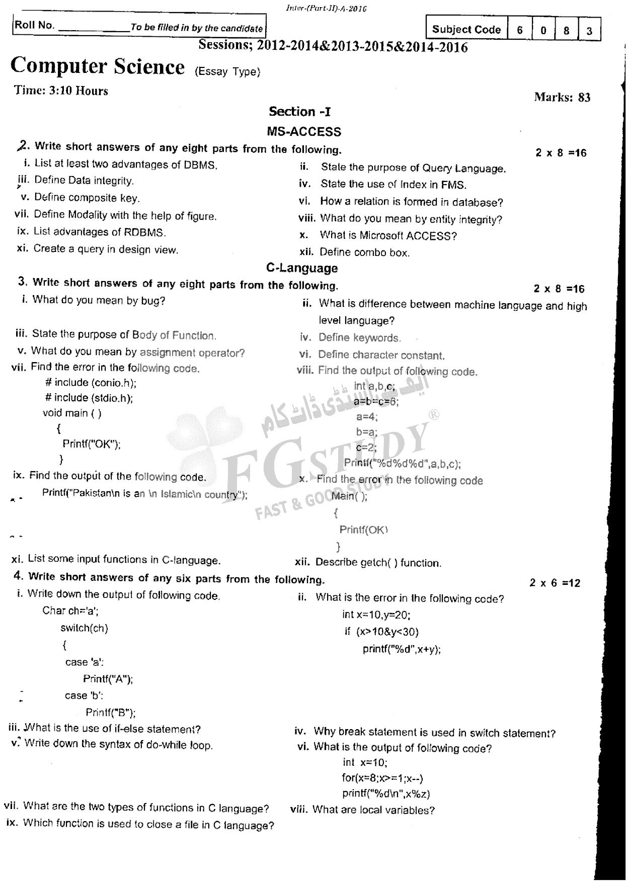 12th Class Computer Science Past Paper 2016 Rawalpindi Board Subjective