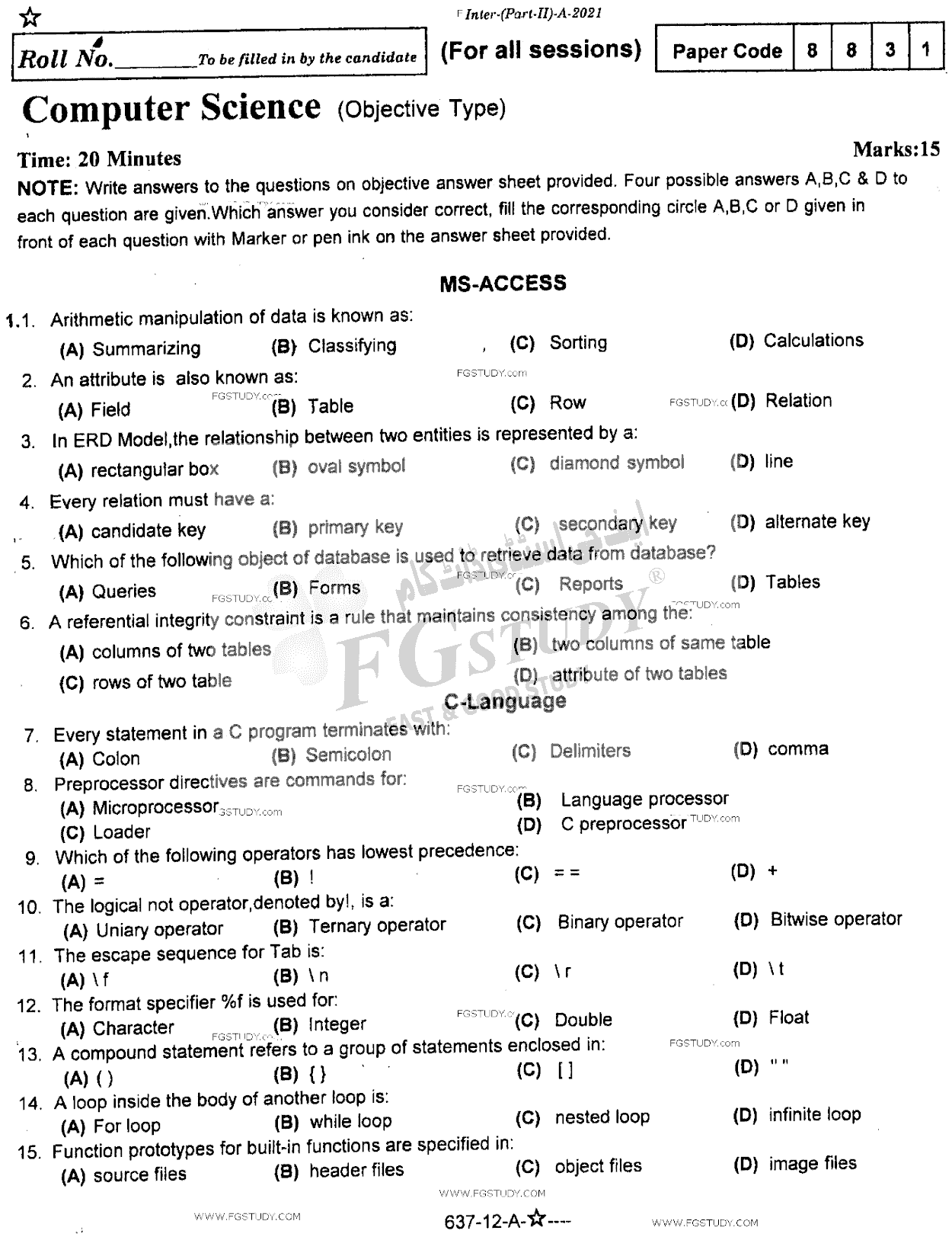 12th Class Computer Science Past Paper 2021 Rawalpindi Board Objective
