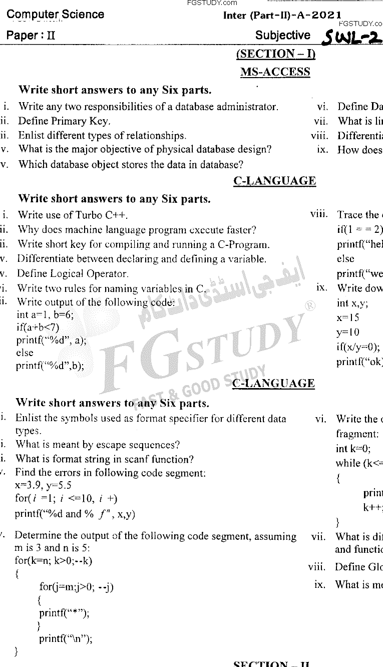 12th Class Computer Science Past Paper 2021 Sahiwal Board Subjective