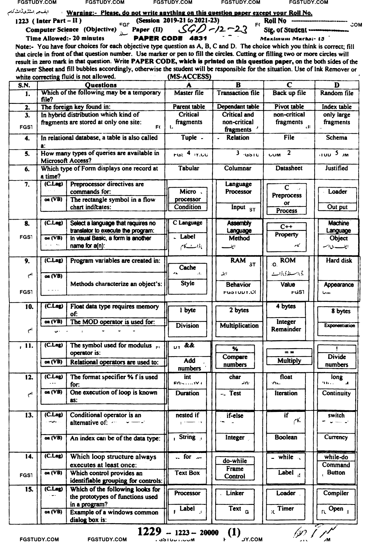 12th Class Computer Science Past Paper 2023 Sargodha Board Group 1 Objective