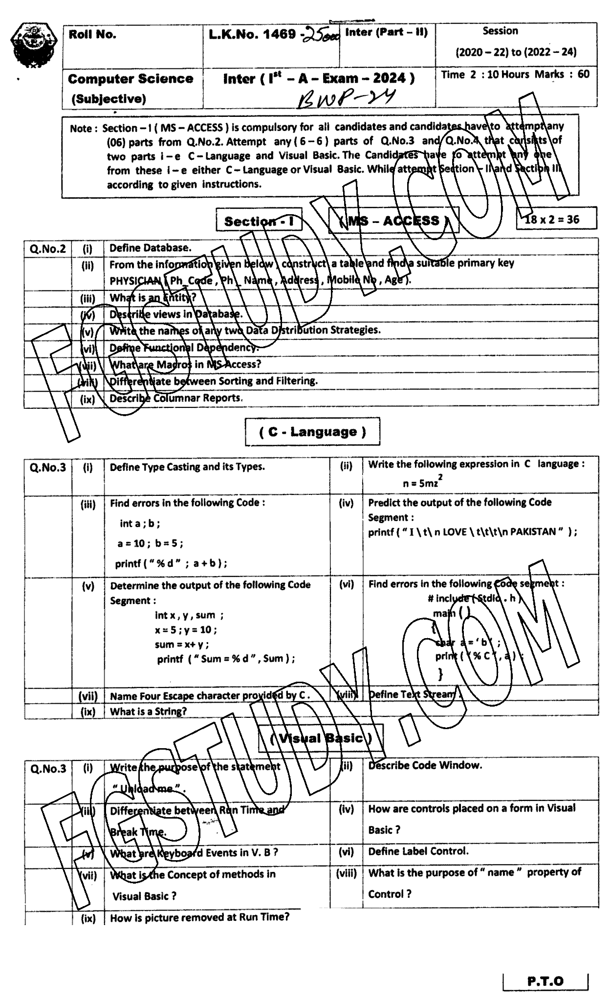 12th Class Computer Science Past Paper 2024 Bahawalpur Board Subjective