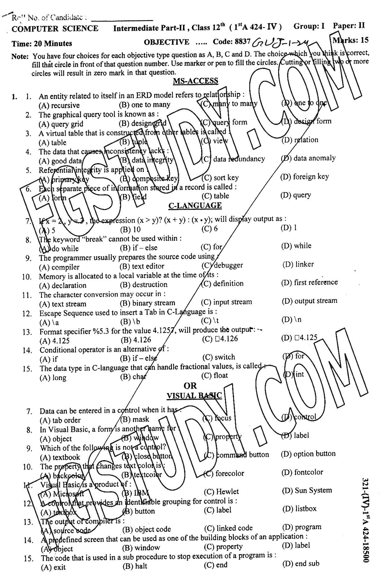 12th Class Computer Science Past Paper 2024 Gujranwala Board Group 1 Objective