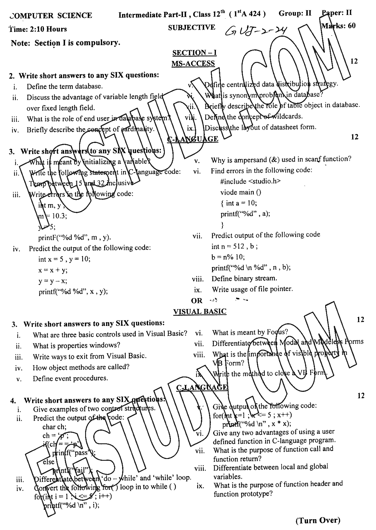 12th Class Computer Science Past Paper 2024 Gujranwala Board Group 2 Subjective