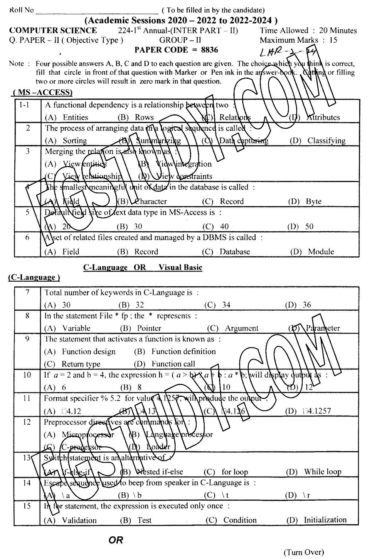12th Class Computer Science Past Paper 2024 Lahore Board Group 2 Objective