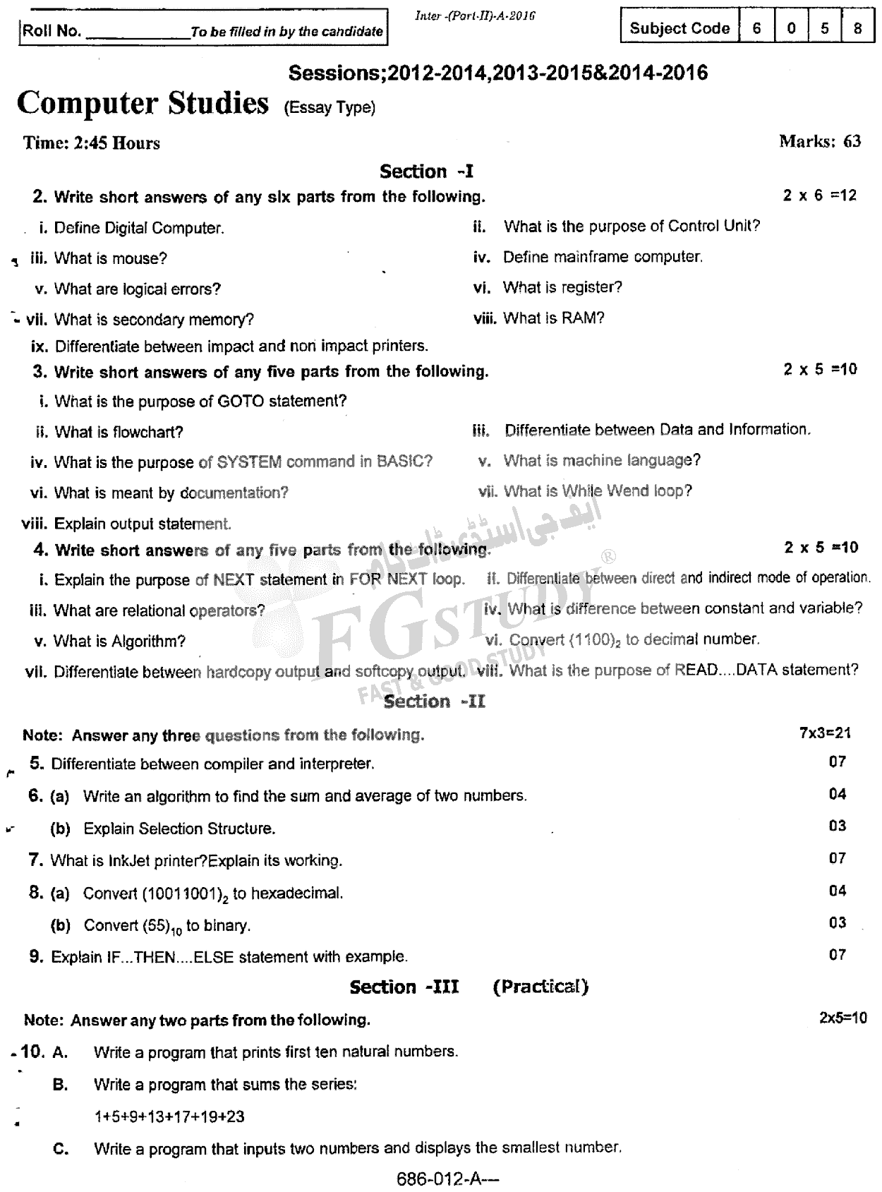 12th Class Computer Studies Past Paper 2016 Rawalpindi Board Subjective