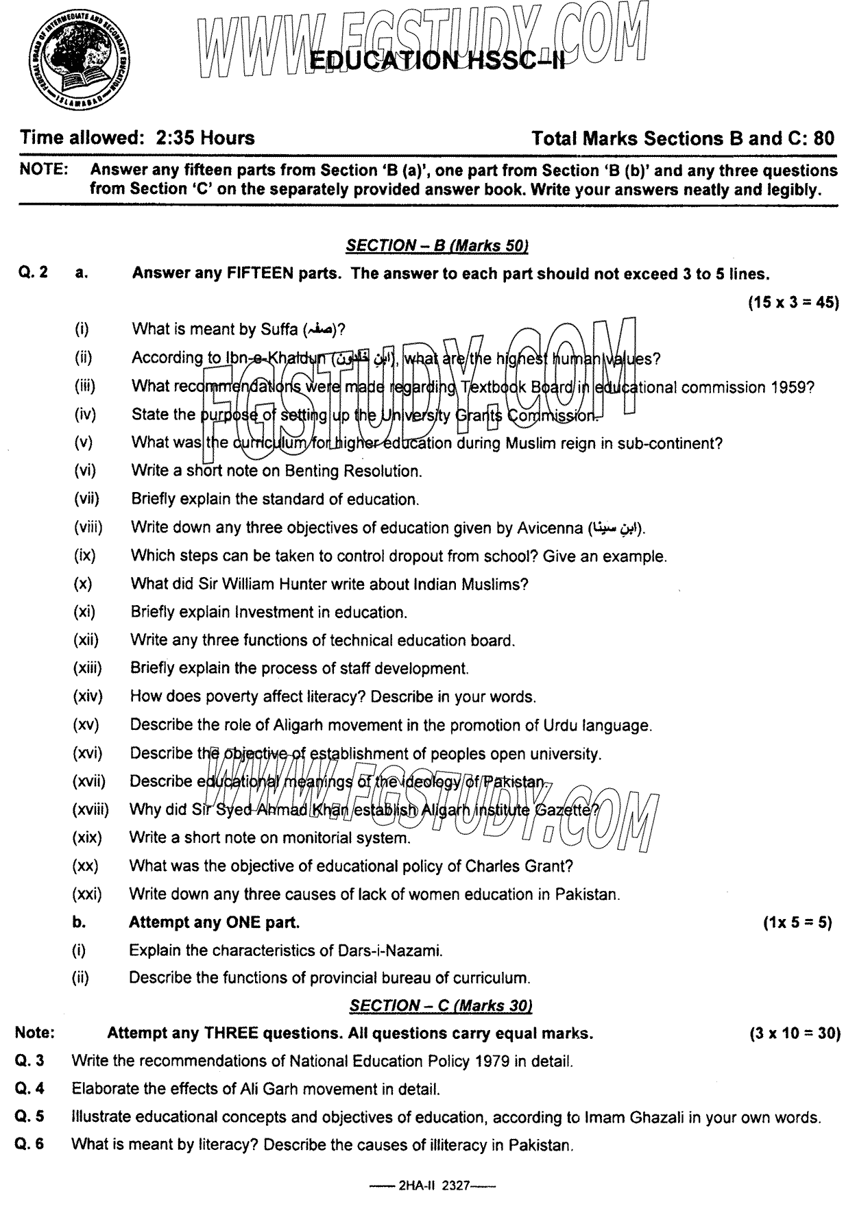 12th Class Education Past Paper 2023 Federal Board Islamabad Subjective