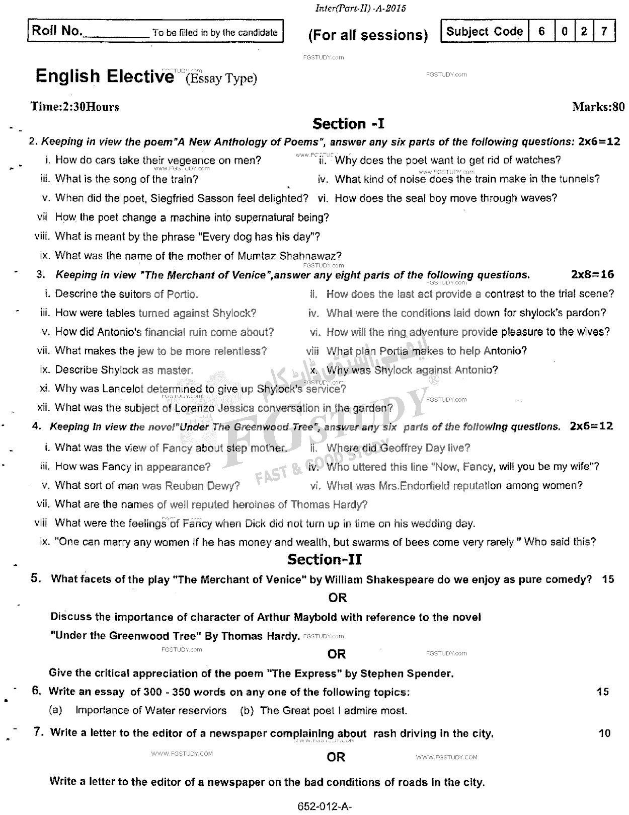 12th Class English Elective Past Paper 2015 Rawalpindi Board Subjective