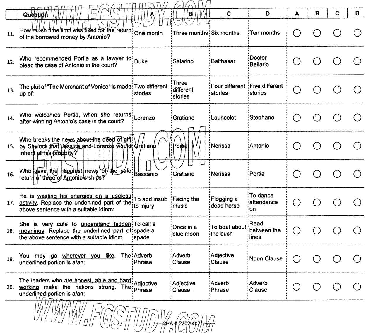 12th Class English Elective Past Paper 2023 Federal Board Islamabad Objective