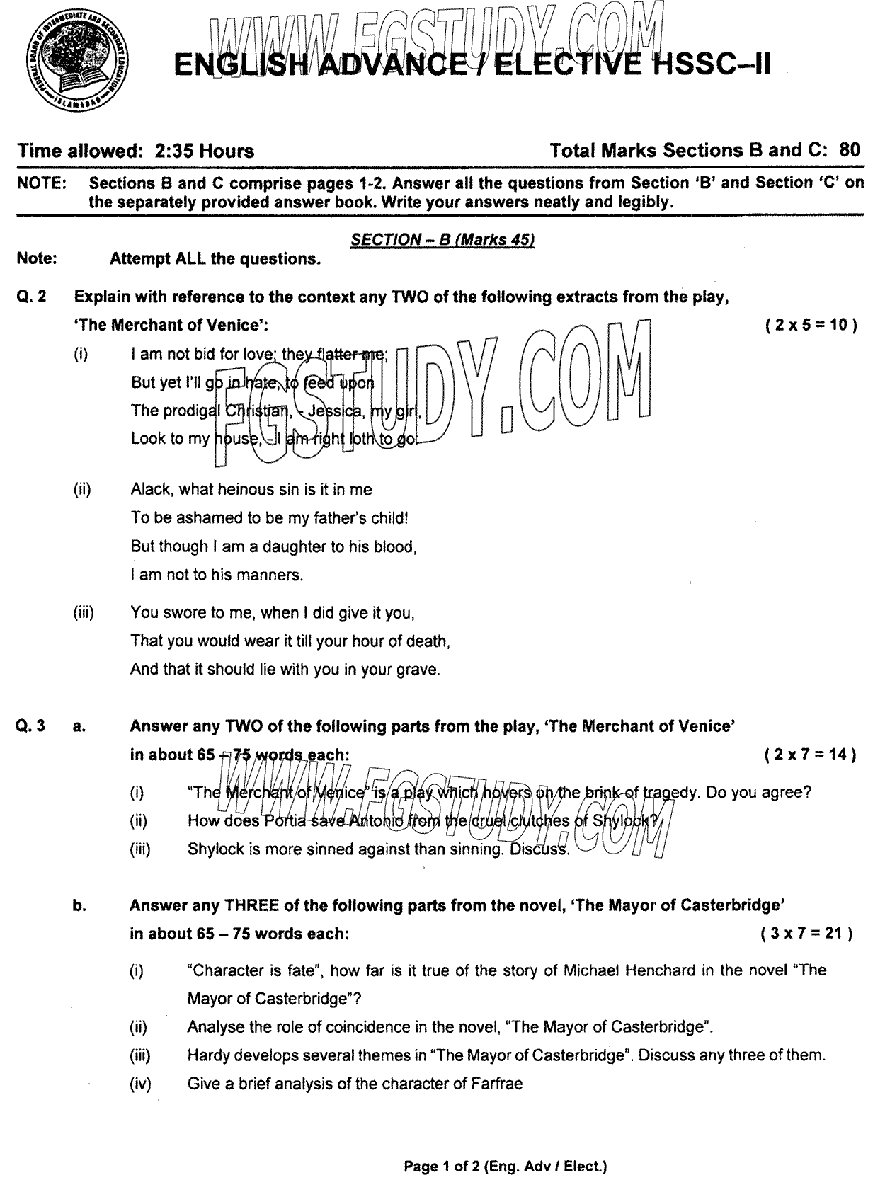 12th Class English Elective Past Paper 2023 Federal Board Islamabad Subjective