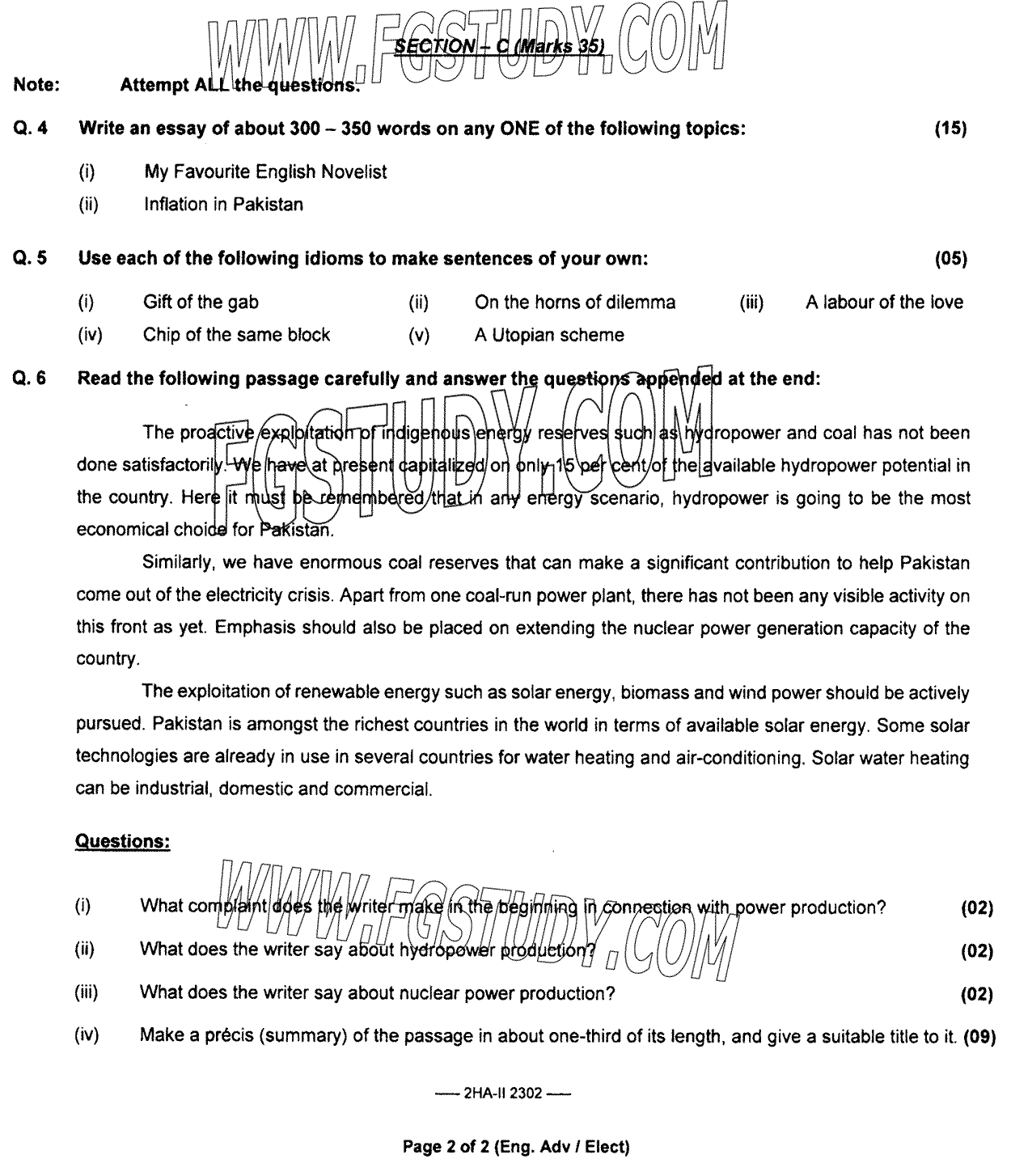 12th Class English Elective Past Paper 2023 Federal Board Islamabad Subjective
