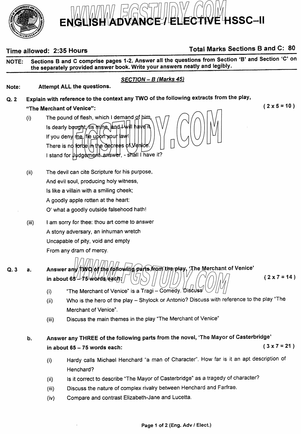 12th Class English Elective Past Paper 2024 Federal Board Islamabad Subjective