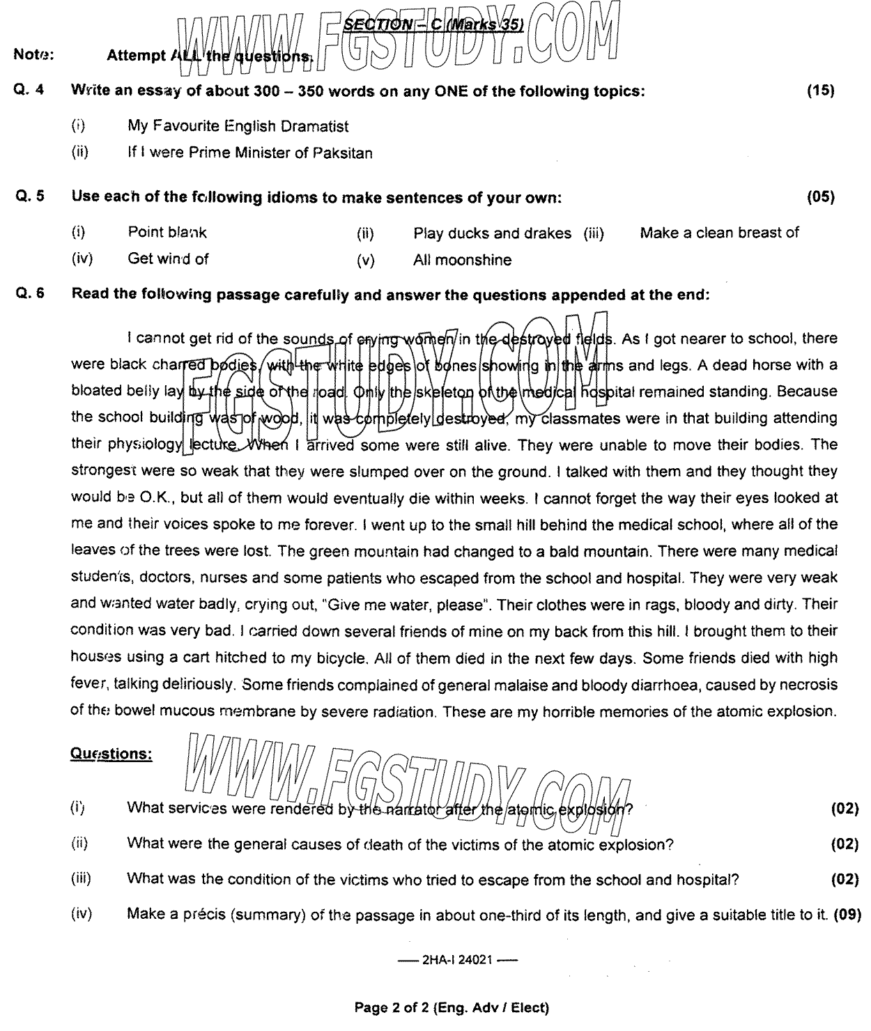 12th Class English Elective Past Paper 2024 Federal Board Islamabad Subjective