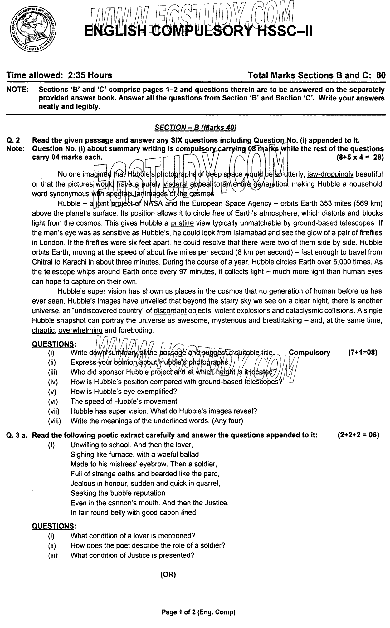 12th Class English Past Paper 2023 Federal Board Islamabad Subjective