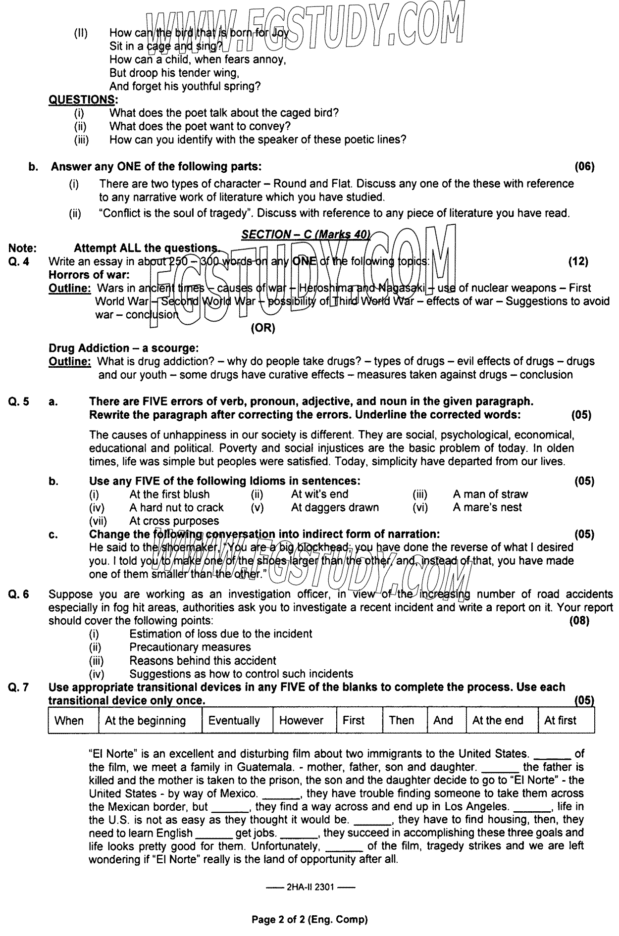 12th Class English Past Paper 2023 Federal Board Islamabad Subjective