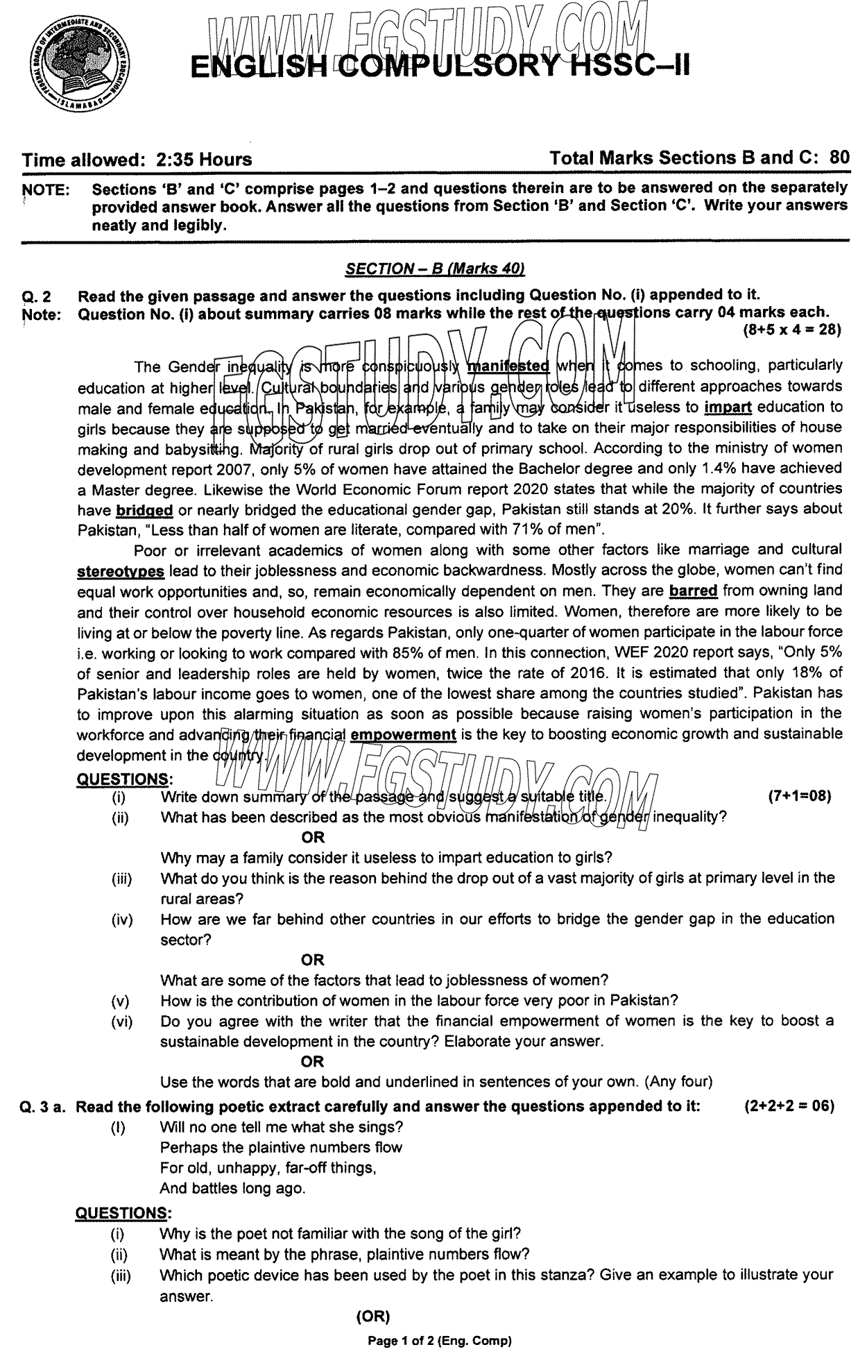 12th Class English Past Paper 2024 Federal Board Islamabad Group 1 Subjective