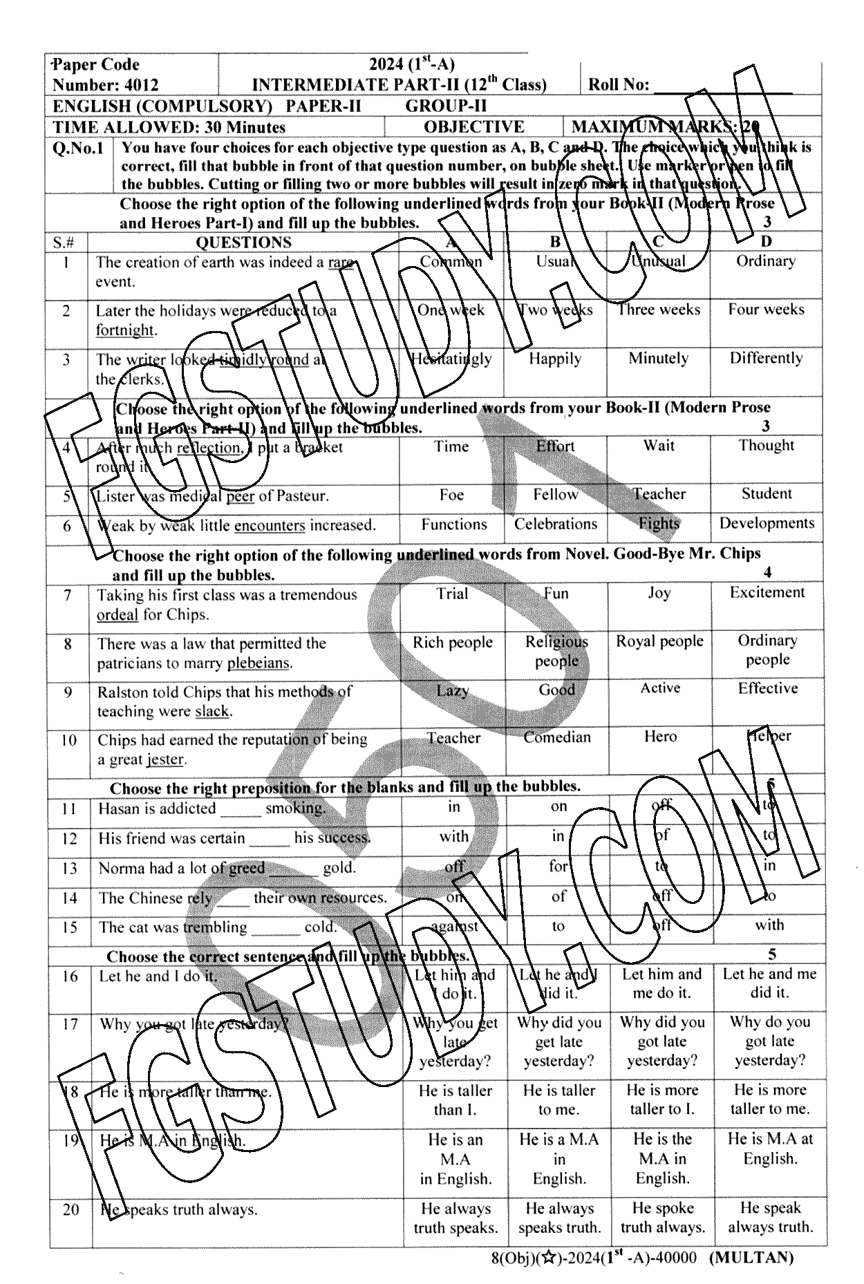 12th Class English Past Paper 2024 Multan Board Group 2 Objective