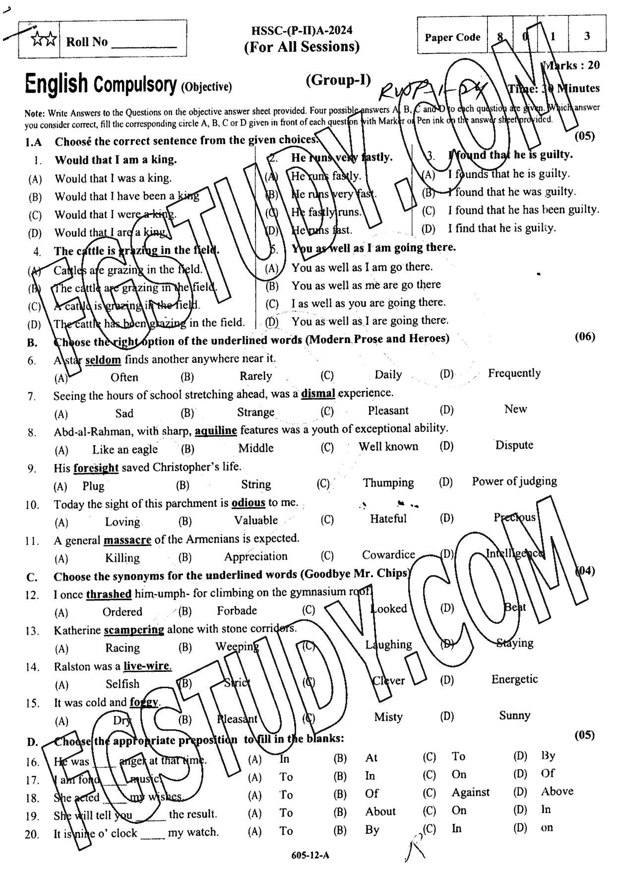 12th Class English Past Paper 2024 Rawalpindi Board Group 1 Objective