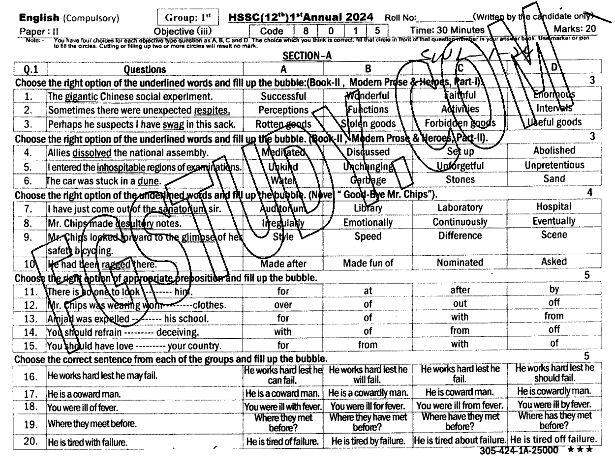 12th Class English Past Paper 2024 Sahiwal Board Group 1 Objective