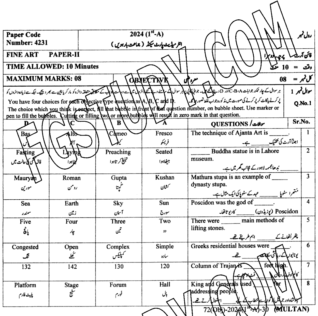 12th Class Fine Arts Past Paper 2024 Multan Board Objective