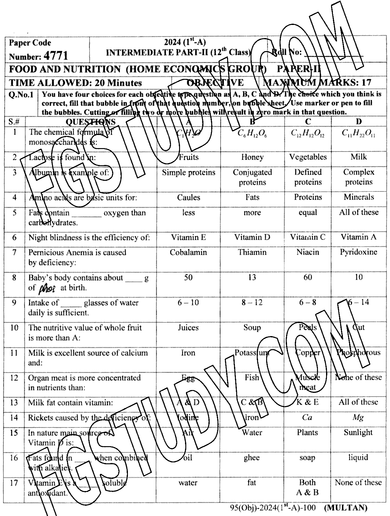 12th Class Food And Nutrition Past Paper 2024 Multan Board Objective