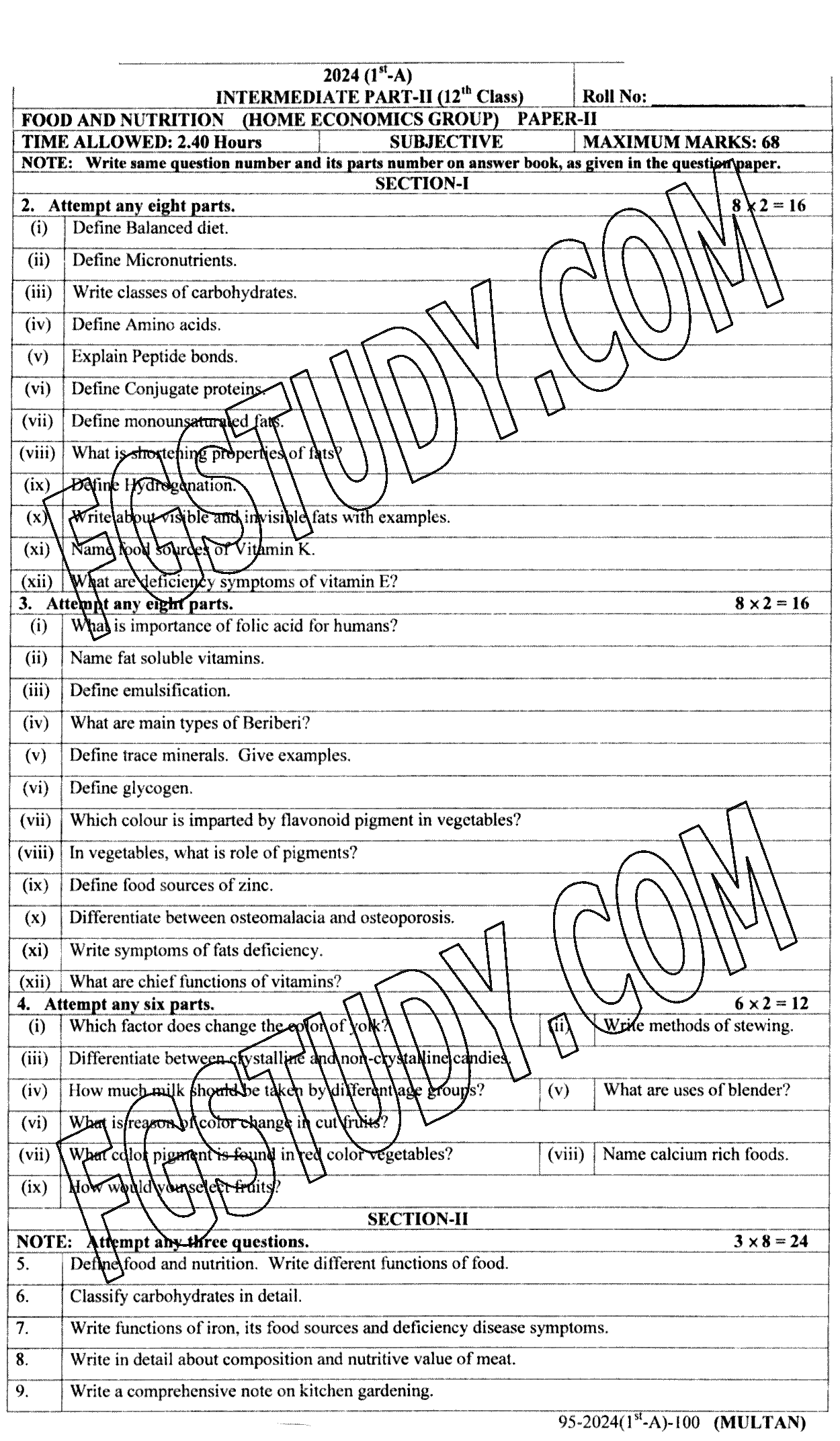 12th Class Food And Nutrition Past Paper 2024 Multan Board Subjective