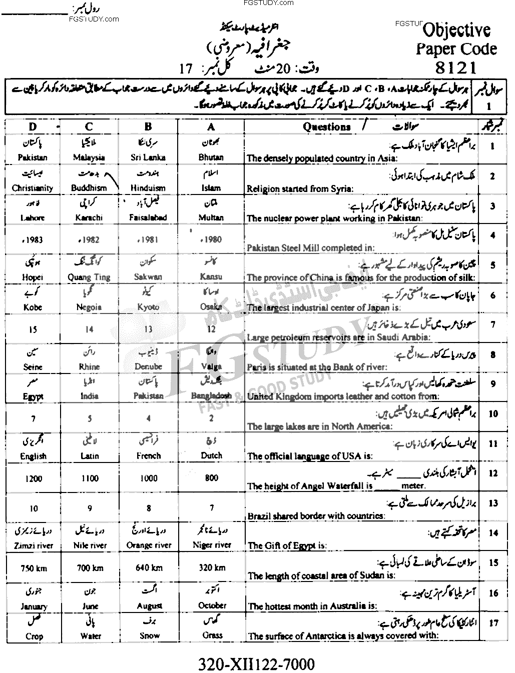 12th Class Geography Past Paper 2022 Faisalabad Board Objective