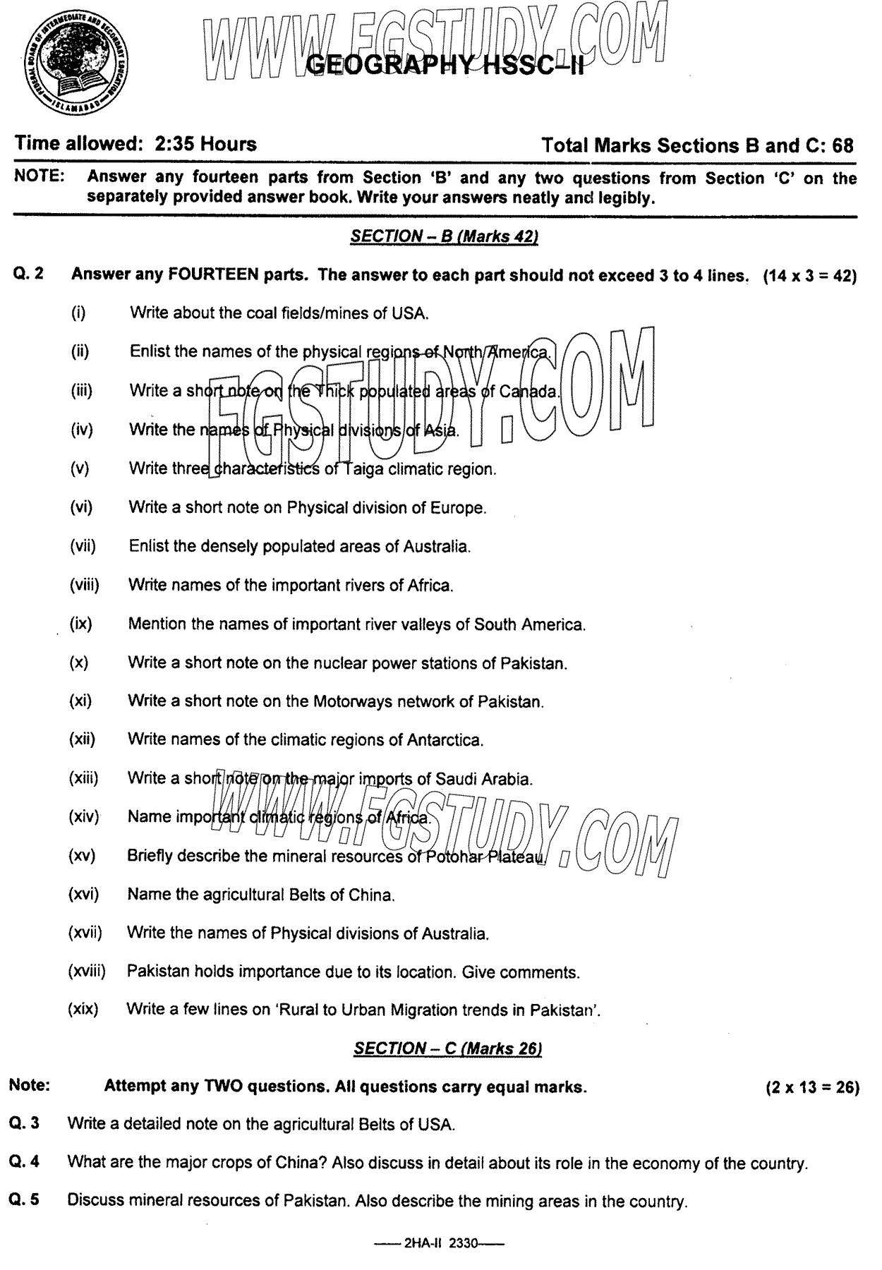 12th Class Geography Past Paper 2023 Federal Board Islamabad Subjective