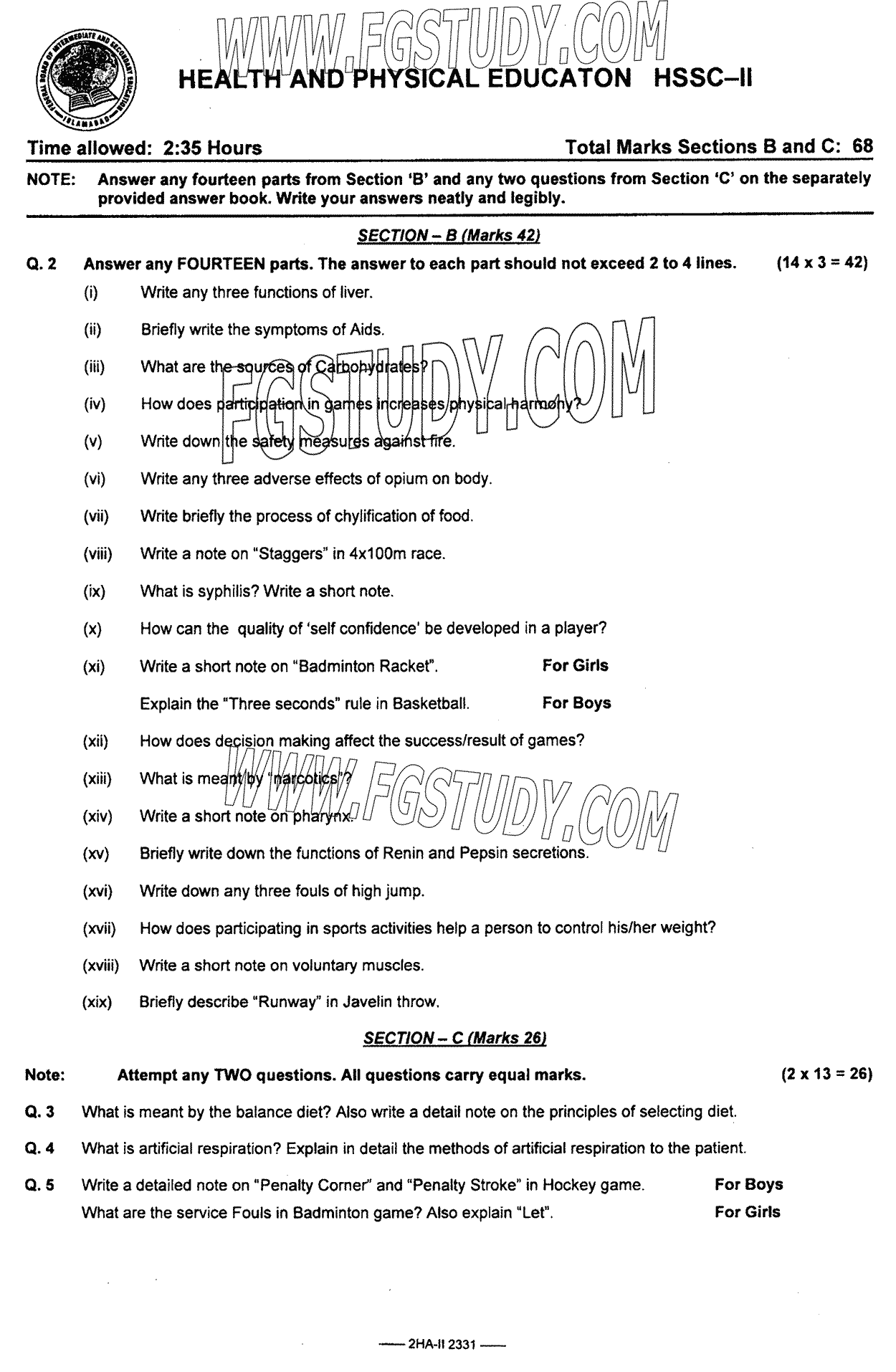 12th Class Health And Physical Education Past Paper 2023 Federal Board Islamabad Subjective