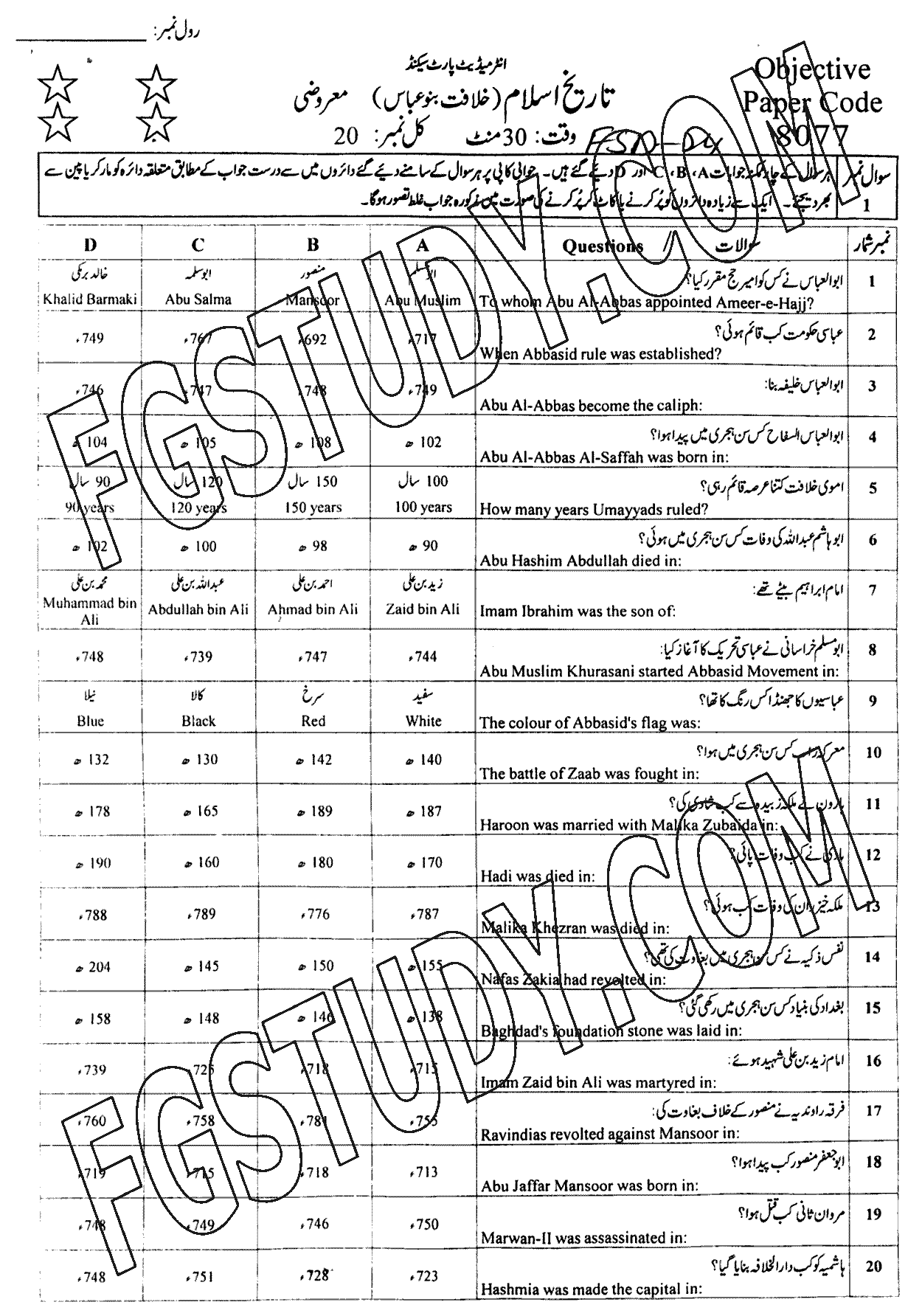 12th Class History Of Islam Abbasi Of Baghdad Past Paper 2024 Faisalabad Board Objective