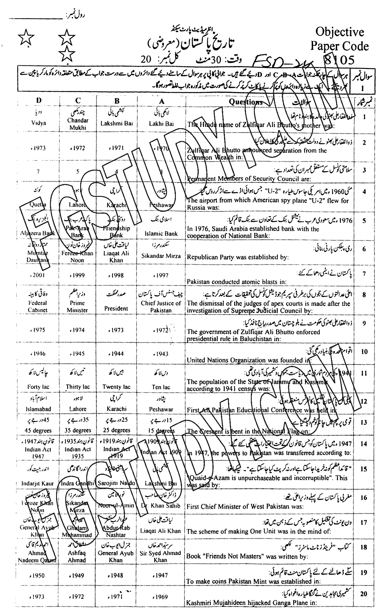 12th Class History Of Pakistan Past Paper 2024 Faisalabad Board Objective