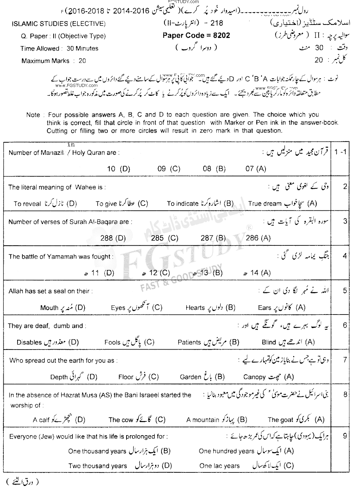 12th Class Islamic Studies Elective Past Paper 2018 Lahore Board Group 2 Objective