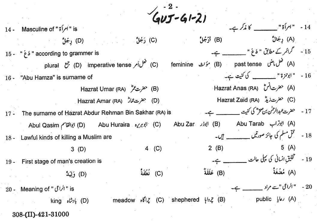 12th Class Islamic Studies Elective Past Paper 2021 Sahiwal Board Group 1 Objective