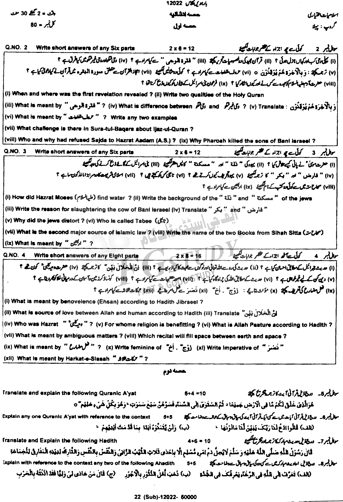 12th Class Islamic Studies Elective Past Paper 2022 Dg Khan Board Group 1 Subjective