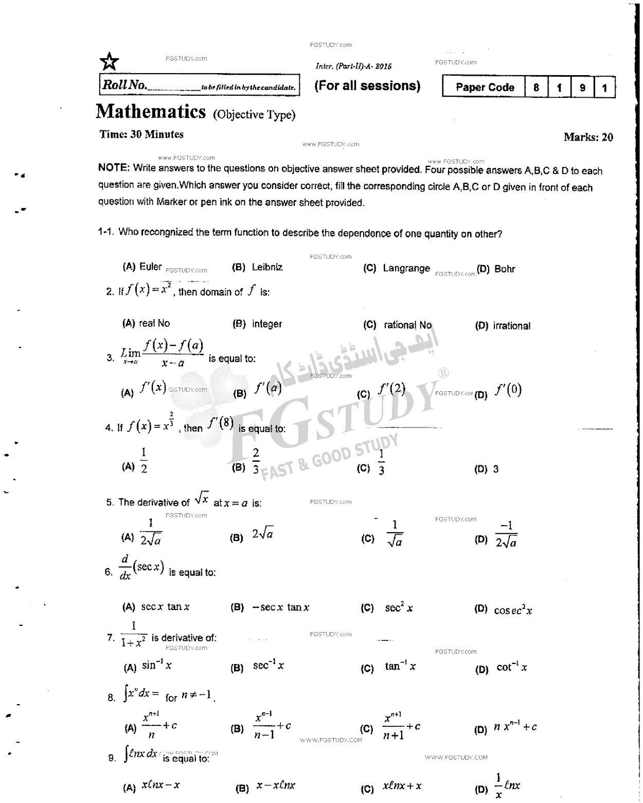 12th Class Mathematics Past Paper 2015 Rawalpindi Board Objective