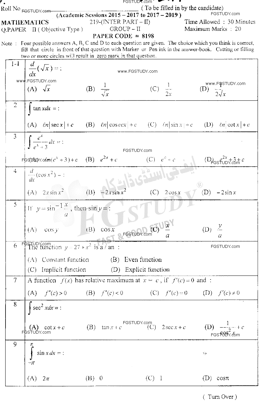 12th Class Mathematics Past Paper 2019 Lahore Board Group 2 Subjective