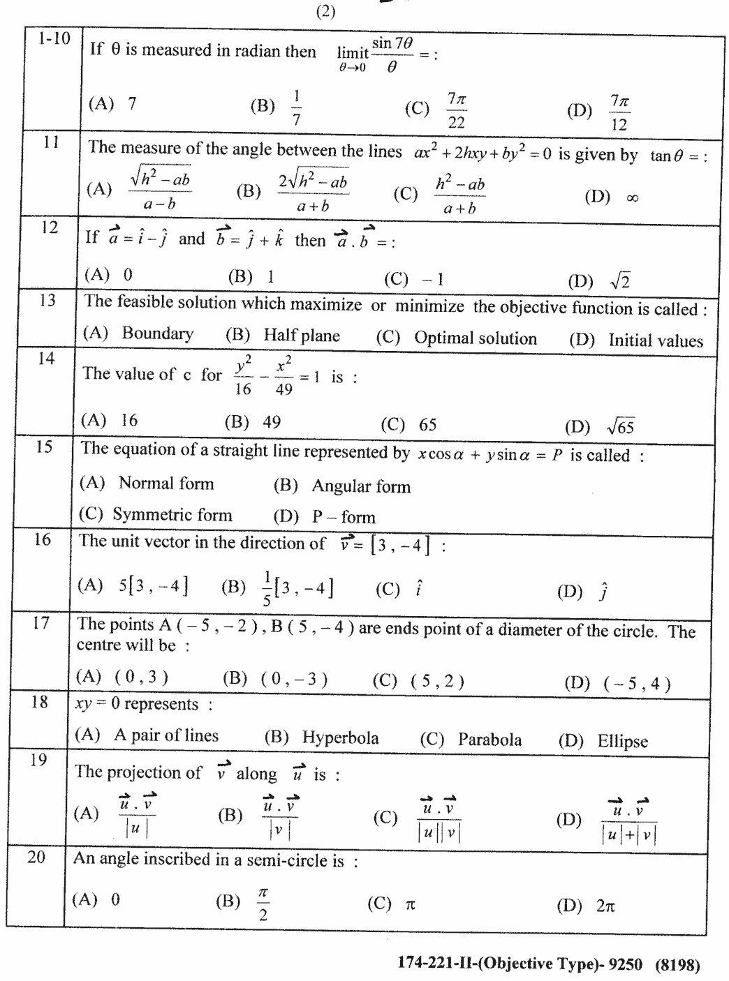 12th Class Mathematics Past Paper 2021 Lahore Board Group 2 Objective
