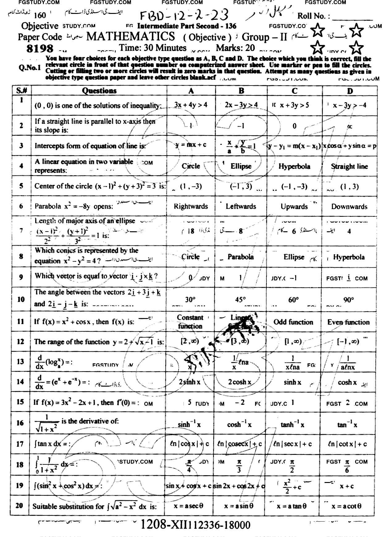 12th Class Mathematics Past Paper 2023 Faisalabad Board Group 2 Objective