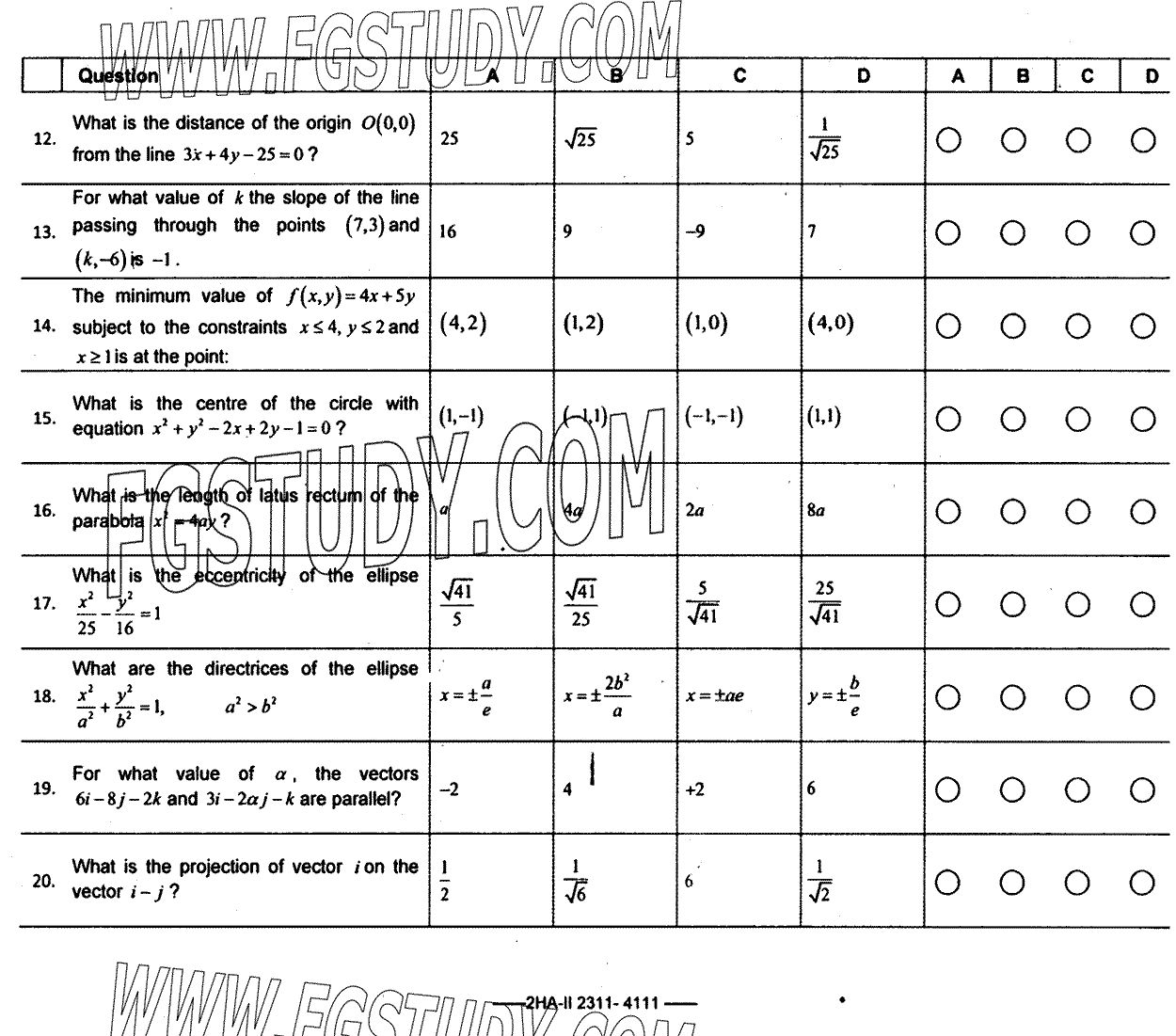 12th Class Mathematics Past Paper 2023 Federal Board Islamabad Objective