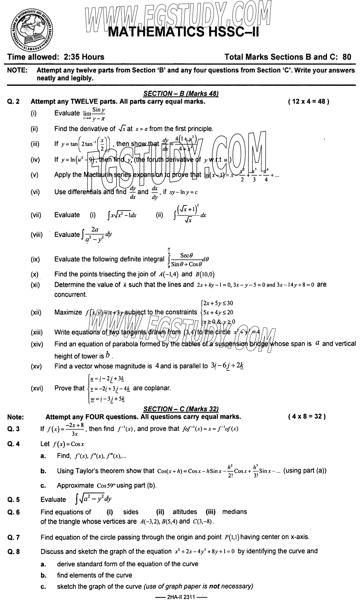 12th Class Mathematics Past Paper 2023 Federal Board Islamabad Subjective