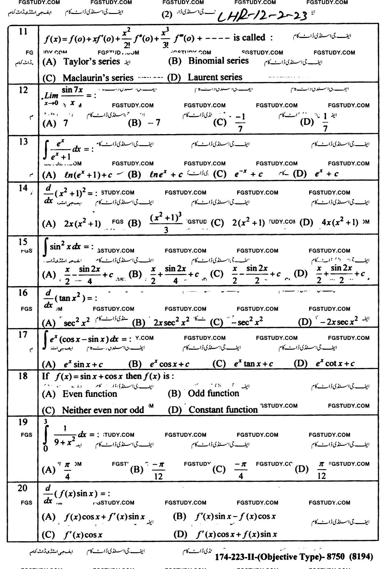 12th Class Mathematics Past Paper 2023 Lahore Board Group 2 Objective