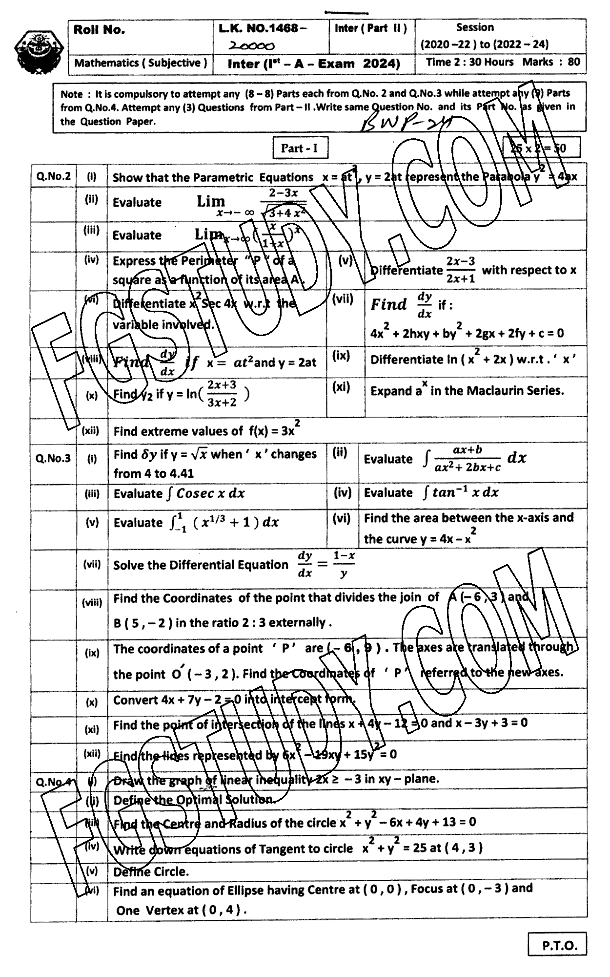 12th Class Mathematics Past Paper 2024 Bahawalpur Board Subjective