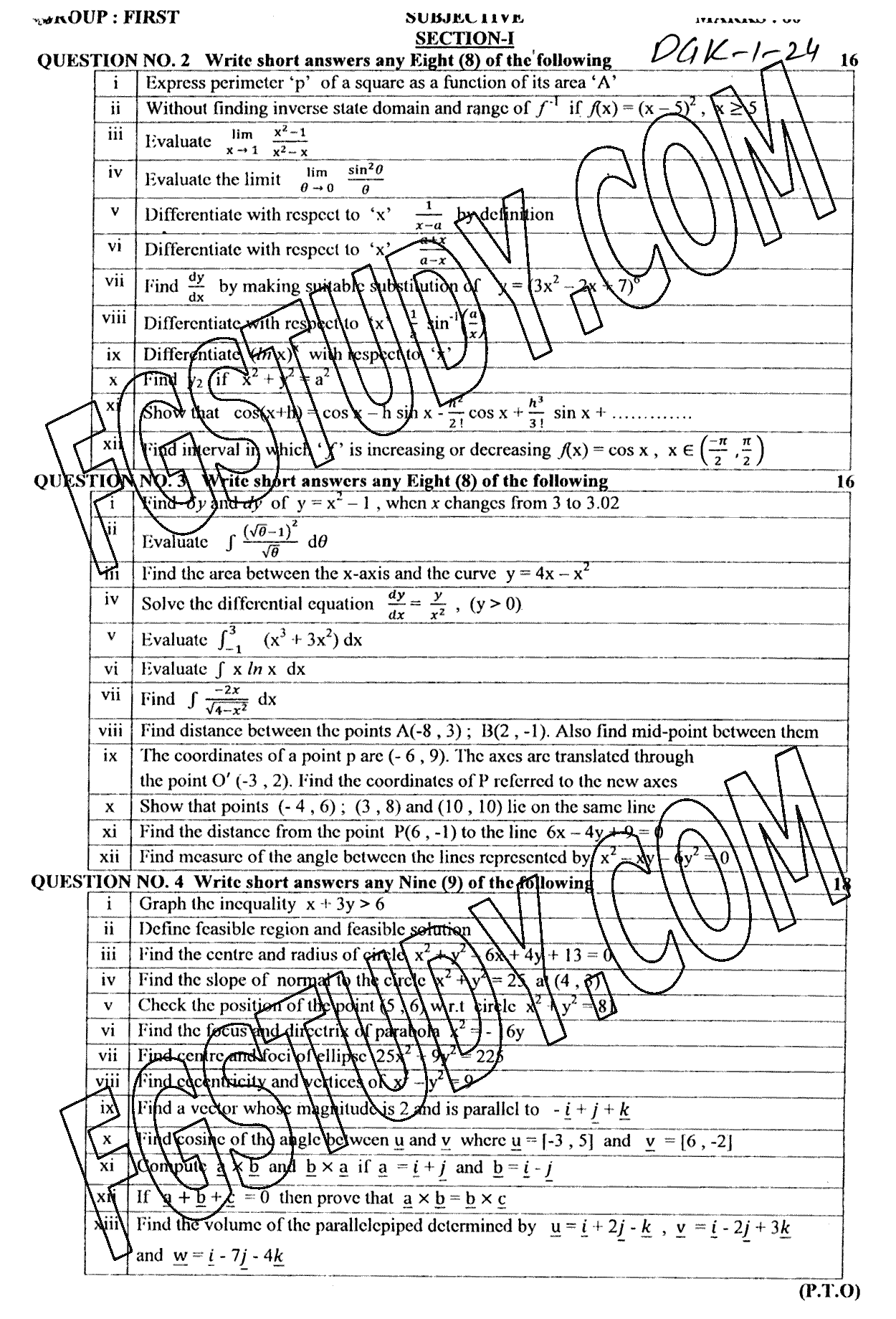 12th Class Mathematics Past Paper 2024 Dg Khan Board Group 1 Subjective