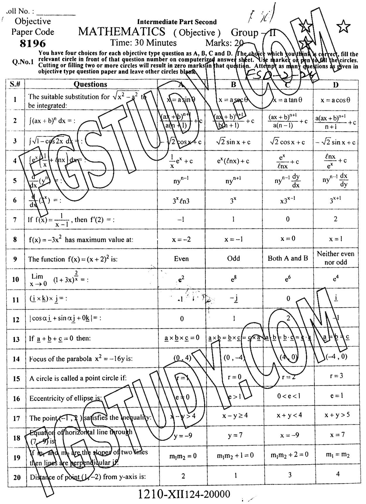 12th Class Mathematics Past Paper 2024 Faisalabad Board Group 2 Objective